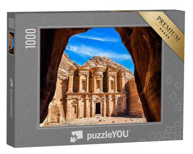 Puzzel 1000 stukjes „Uitzicht vanuit een grot van het Ad Deir klooster, Petra, Jordanië“