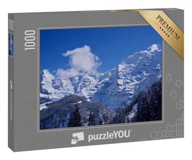 Puzzle 1000 Teile „Panorama der Berner Alpen mit den Berggipfeln Eiger, Mönch und Jungfrau, Schweiz“