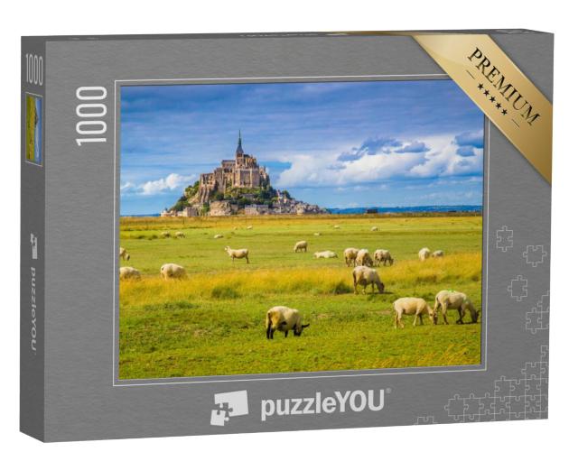 Puzzel 1000 stukjes „Le Mont Saint-Michel met schapen op groene weiden, Normandië, Frankrijk“