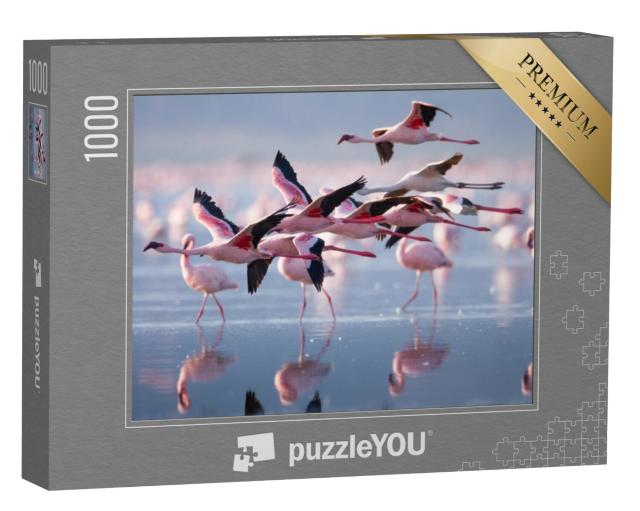 Puzzel 1000 stukjes „Groep vliegende flamingo's“