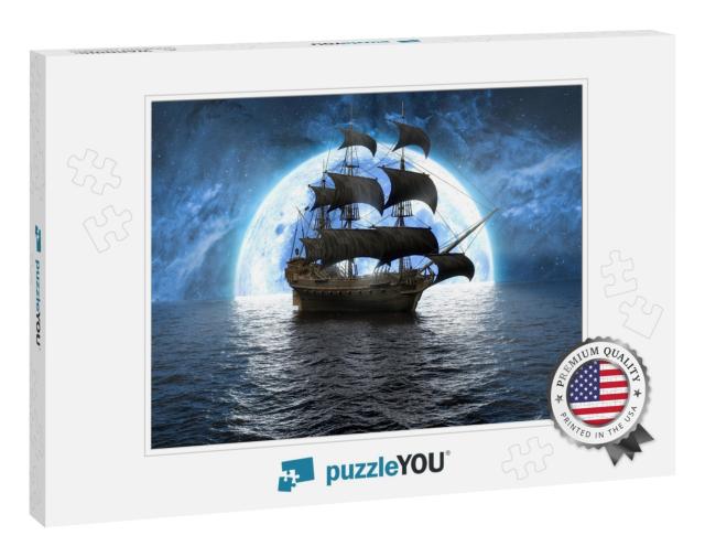Ship At Sea Against the Background of the Moon & the Beau... Jigsaw Puzzle