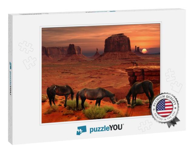 Horses At John Fords Point Overlook in Monument Valley Tr... Jigsaw Puzzle