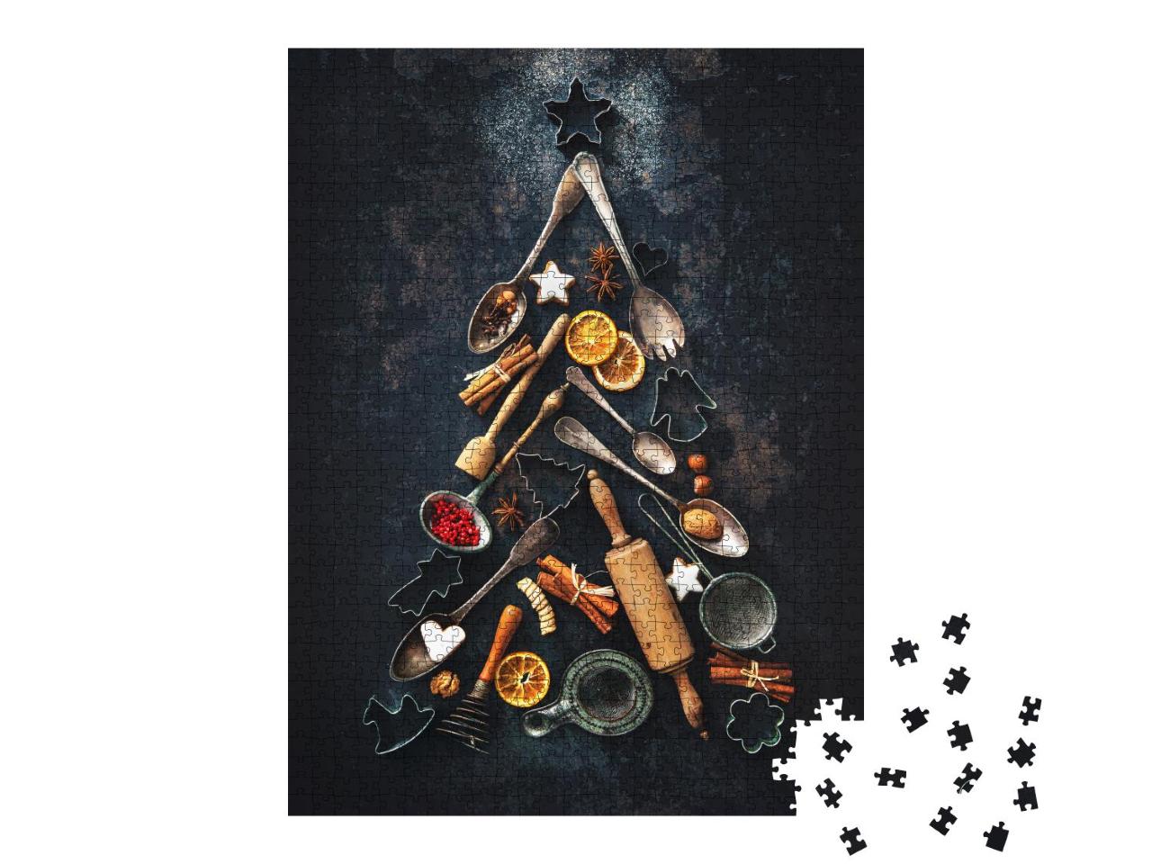 Puzzle 1000 Teile „Weihnachtsbäckerei: Küchenutensilien als Tannenbaum“