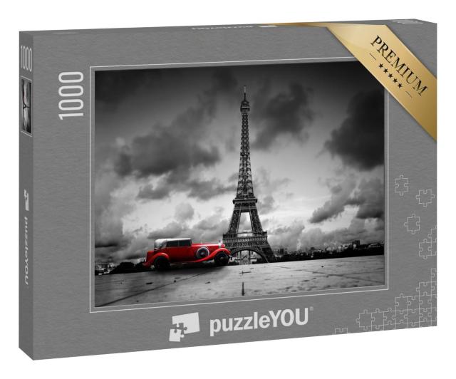 Puzzle 100 Teile „Künstlerisches Bild vom Eiffelturm mit Retro-Auto in Schwarz-Weiß“