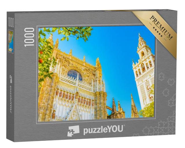 Puzzel 1000 stukjes „Kathedraal van Sevilla en Giralda toren onder de blauwe hemel van Sevilla“