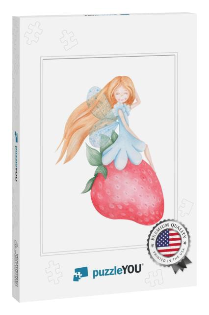 Watercolor Fairy on a Strawberry. Girl in a Blue... Jigsaw Puzzle