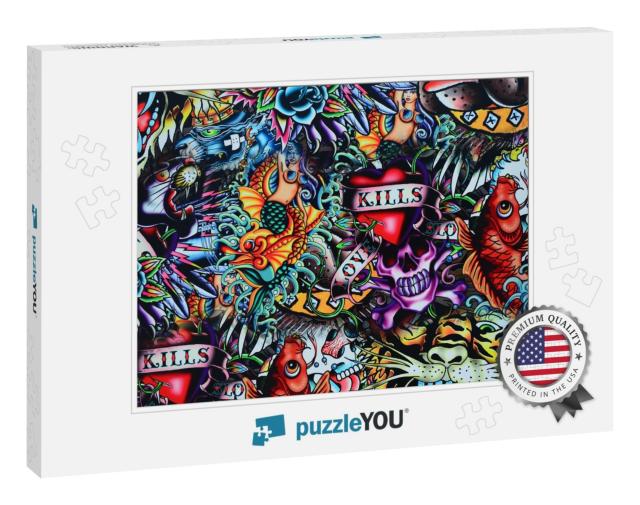 Grunge Wall Tattoo Style Skull Colorful... Jigsaw Puzzle