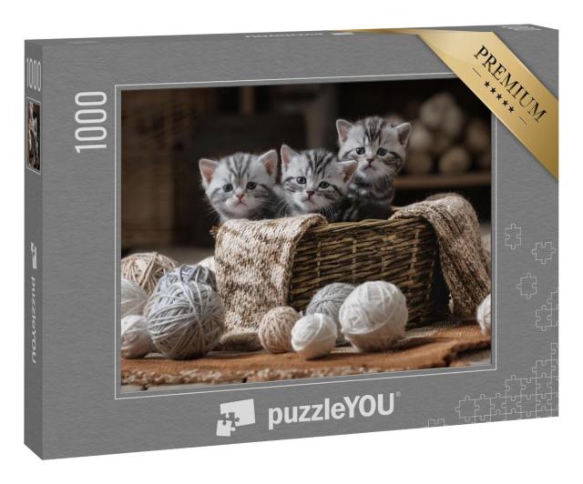 Puzzle 100 Teile „Gruppe von kleinen gestreiften Kätzchen mit Garnknäueln“