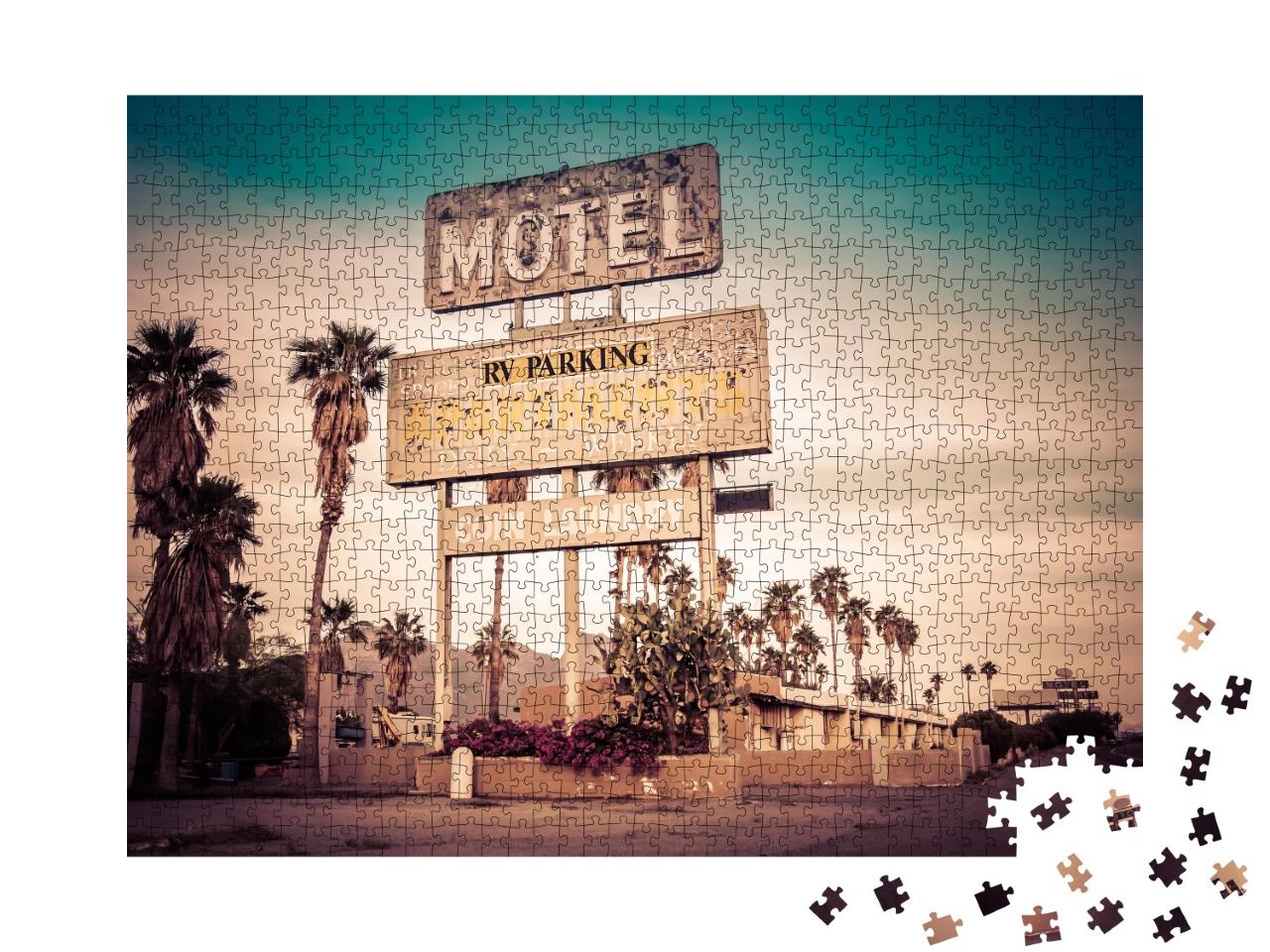 Puzzle 1000 Teile „Roadside Motel-Zeichen inmitten der Wüste, USA“