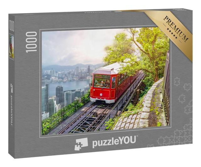 Puzzle 1000 Teile „Tram zum Victoria Peak, Aussichtspunkt mit Blick auf die Victoria Bay und Kowloon“