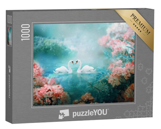 Puzzel 1000 stukjes „Twee witte zwanen zwemmen door een sprookjeslandschap“