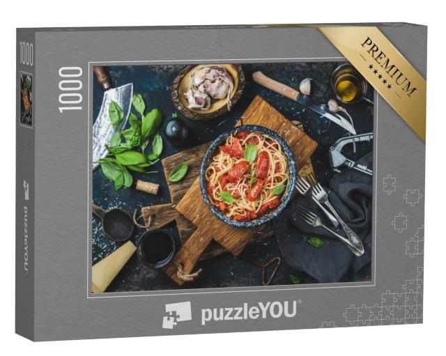 Puzzel 1000 stukjes „Italiaanse stijl: pasta, spaghetti met tomaten en basilicum“