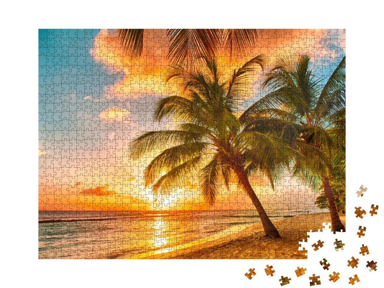 Puzzle 1000 Teile „Schöner Sonnenuntergang über dem Meer mit Blick auf Palmen, Barbados“