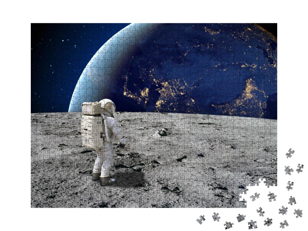 Puzzle 1000 Teile „Ein Astronaut steht auf der Oberfläche des Mondes und blickt auf die Erde“