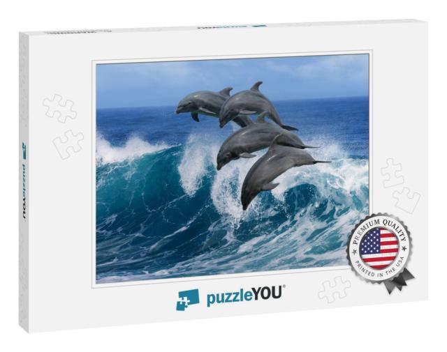 Four Beautiful Dolphins Jumping Over Breaking Waves. Hawa... Jigsaw Puzzle