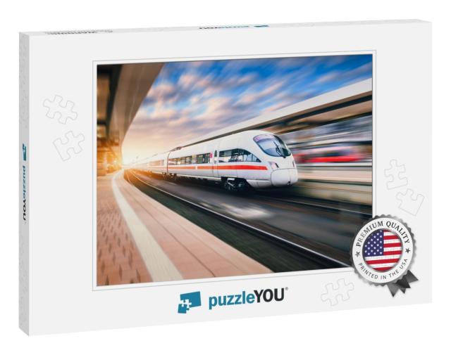 White Modern High Speed Train in Motion on Railway Statio... Jigsaw Puzzle