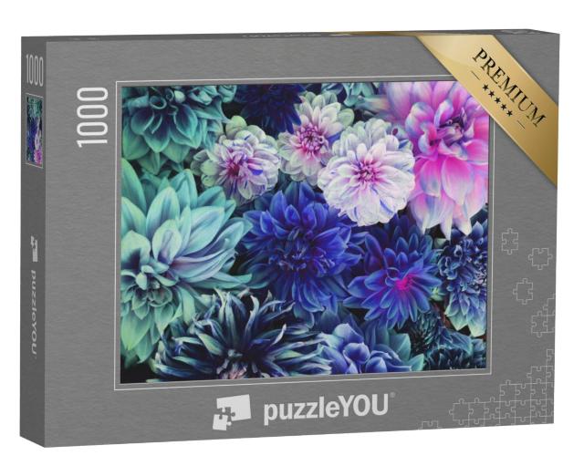 Puzzel 1000 stukjes „Witte en paarse dahliabloemen in volle bloei“