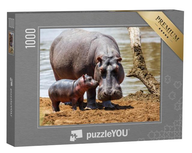 Puzzel 1000 stukjes „Moeder nijlpaard met haar baby in het Masai Mara National Park, Kenia“