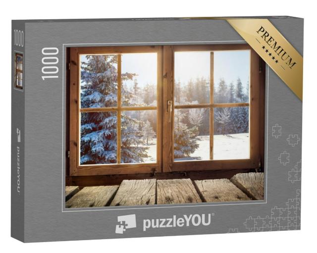 Puzzel 1000 stukjes „Uitzicht door een hutraam op het besneeuwde winterbos“