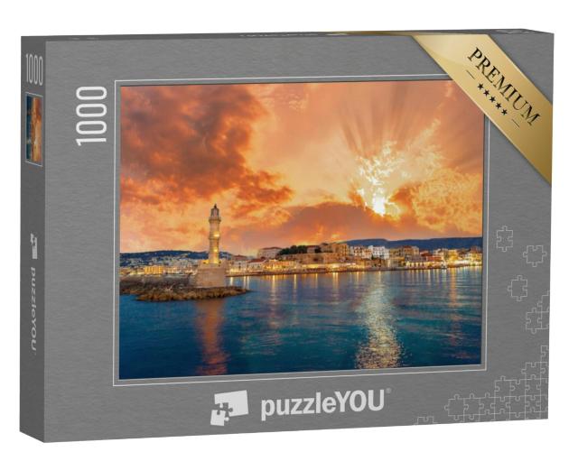 Puzzel 1000 stukjes „Panorama van de mooie oude haven van Chania met vuurtoren, Kreta“