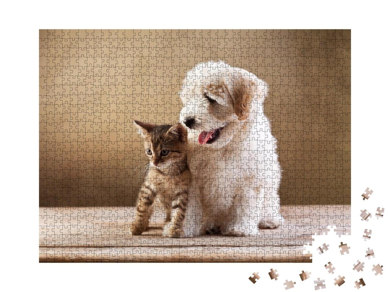 Puzzle 1000 Teile „Beste Freunde: Kätzchen und kleiner flauschiger Welpe“