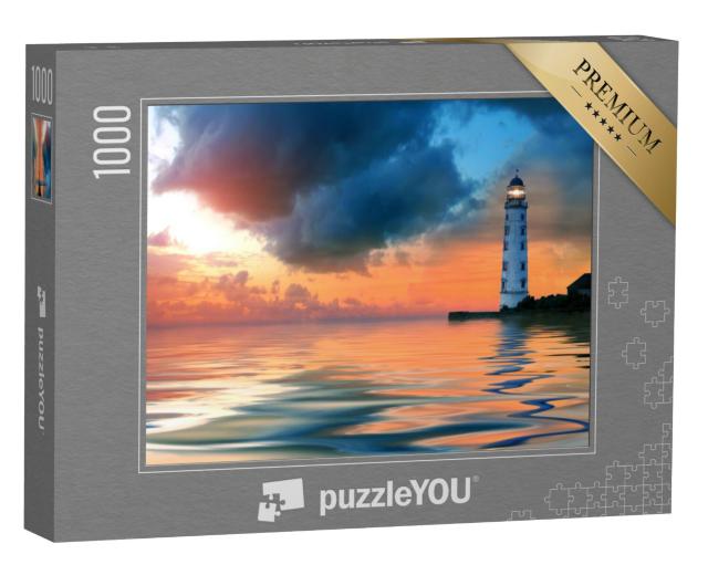 Puzzel 1000 stukjes „Zonsondergang bij de vuurtoren in kalme zee“