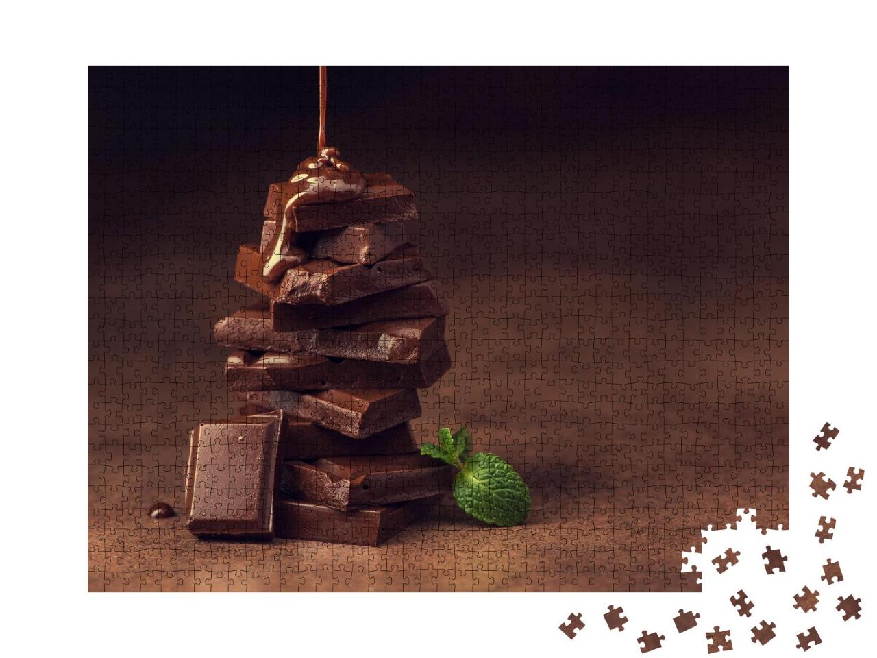 Puzzle 1000 Teile „Geschmolzene Schokolade fließt samtig über Schokoladenstückchen“