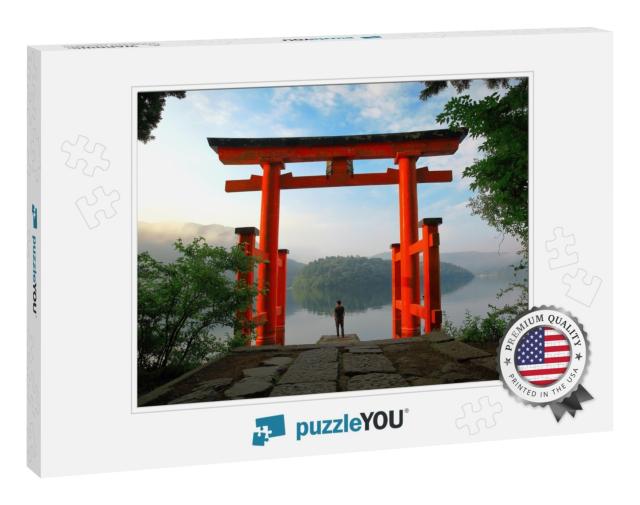 Tourist At Red Torii Gate of Hakone Shrine Located on Lak... Jigsaw Puzzle