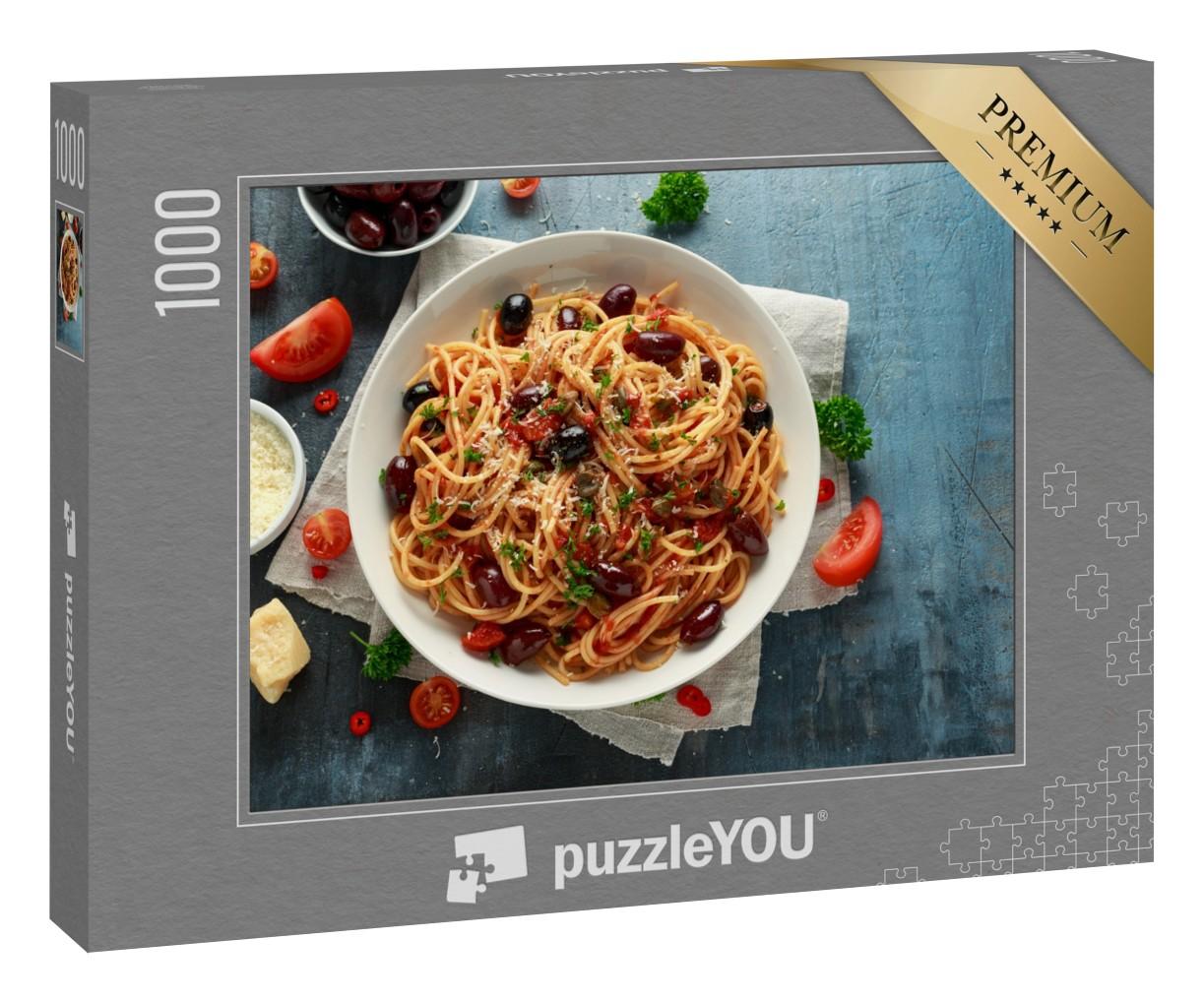 Puzzle 1000 Teile „Pasta Alla Puttanesca mit Knoblauch, Oliven, Kapern, Tomaten, Sardellen“