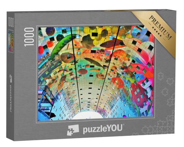 Puzzel 1000 stukjes „Kleurrijk beschilderde markthal met gewelfd plafond in het centrum van Rotterdam, Nederland“