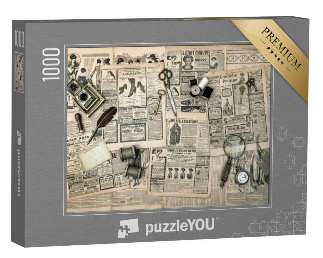 Puzzel 1000 stukjes „Naai- en schrijfgereedschap op oude kranten“