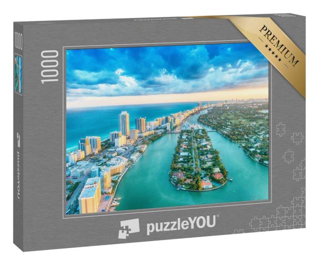 Puzzle 1000 Teile „Miami Beach, wunderschöne Luftaufnahme von Gebäuden, Fluss und Vegetation“