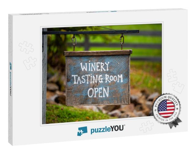 Closeup of Winery Tasting Room Open Sign with Bokeh Backg... Jigsaw Puzzle