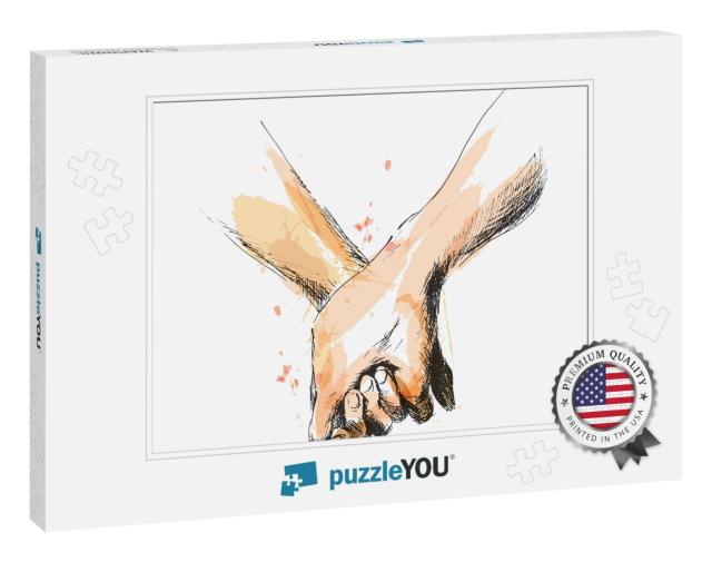 Colored Hand Sketch Holding Hands. Vector Illustration... Jigsaw Puzzle