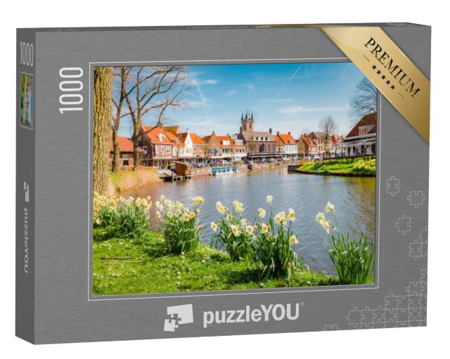 Puzzel 1000 stukjes „Uitzicht op de historische stad Sluis op een zonnige lentedag“