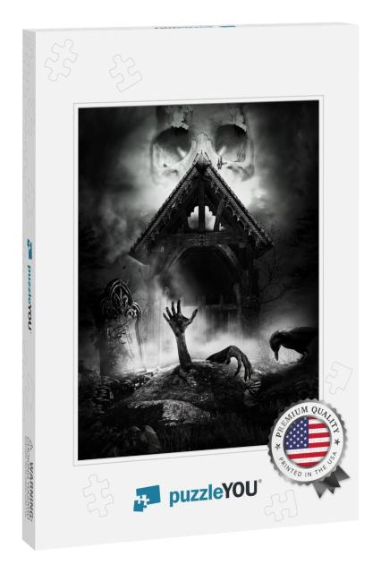 Gothic Scene with Tombstone & Raising Zombie. 3D Illustra... Jigsaw Puzzle