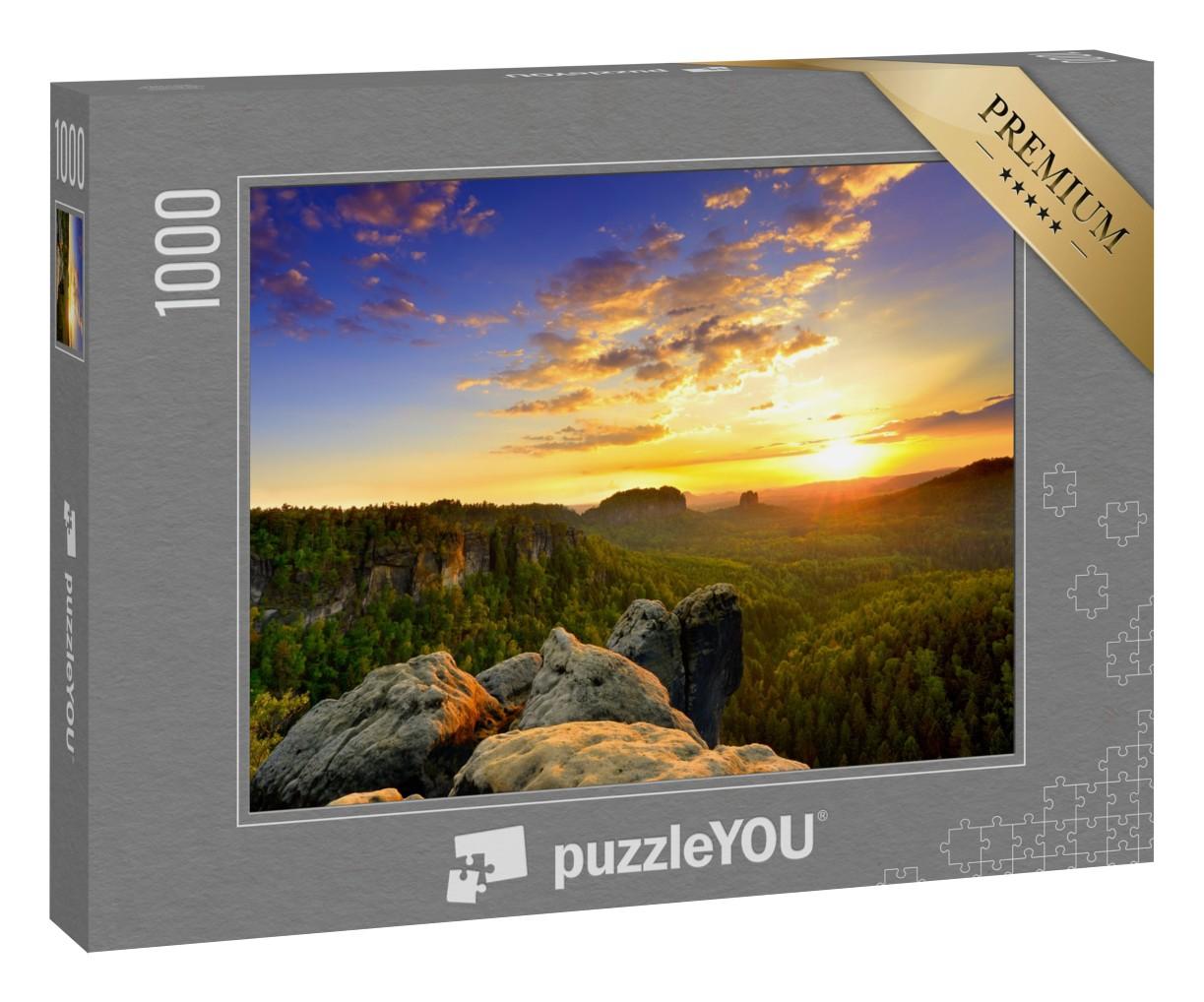 Puzzle 1000 Teile „Sonnenaufgang über dem Nationalpark Sächsische Schweiz“
