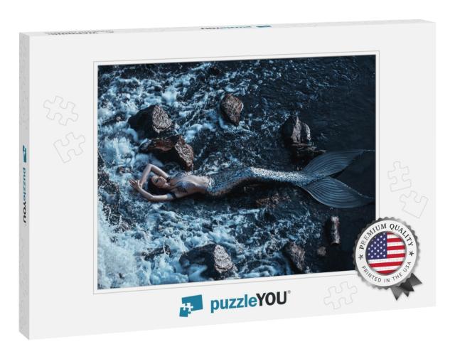 Real Mermaid Posing Relax Resting Ocean Shore. Silver Tai... Jigsaw Puzzle