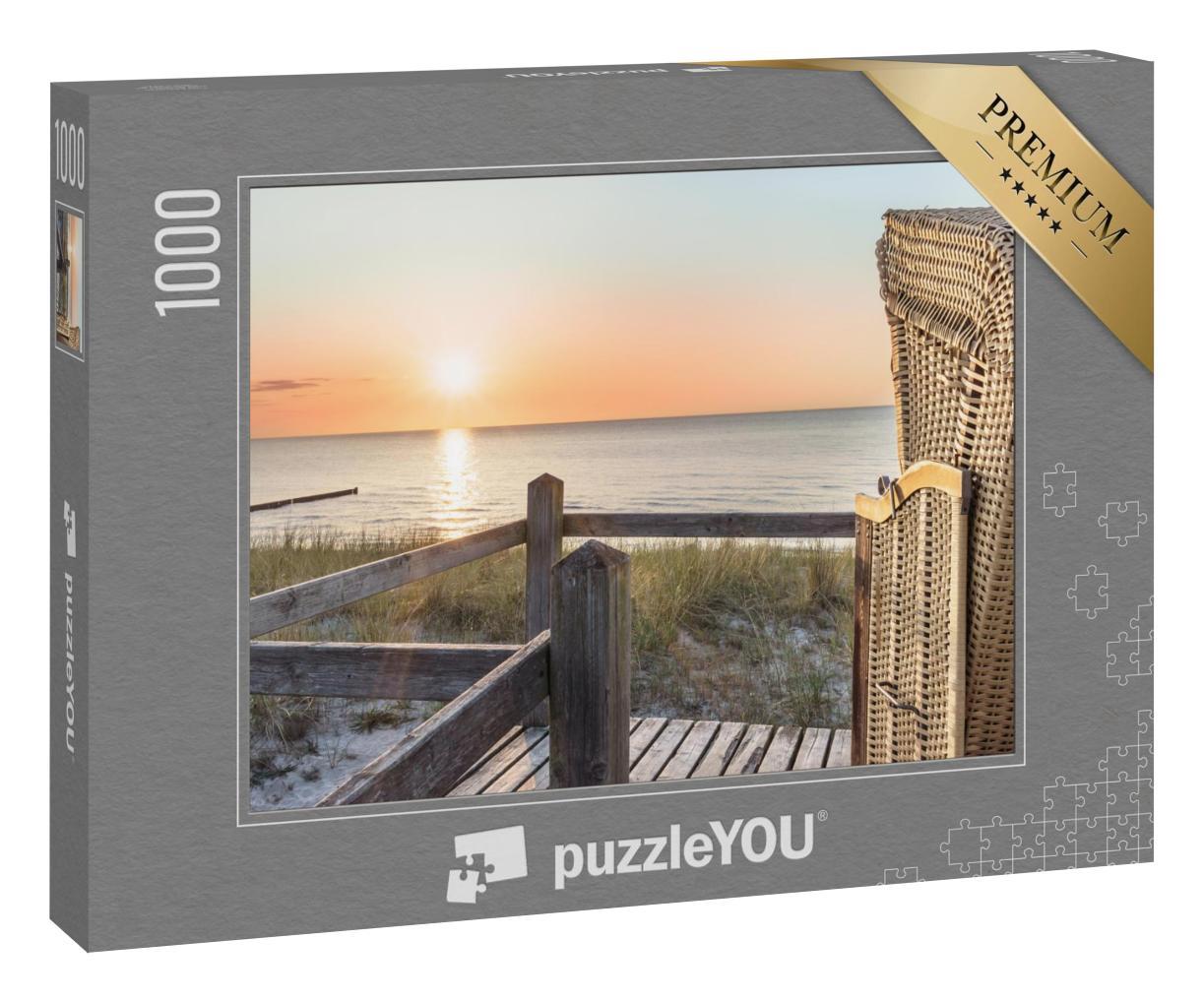 Puzzle 1000 Teile „Romantischer Sonnenuntergang und Strandkorb am Ostseestrand“