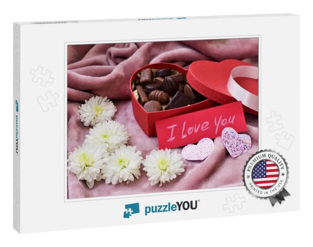 Chocolate Candies in the Red Heart Shaped Box, White Natu... Jigsaw Puzzle