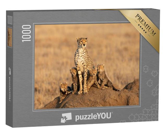 Puzzel 1000 stukjes „Vrouwelijk jachtluipaard met vier welpen“