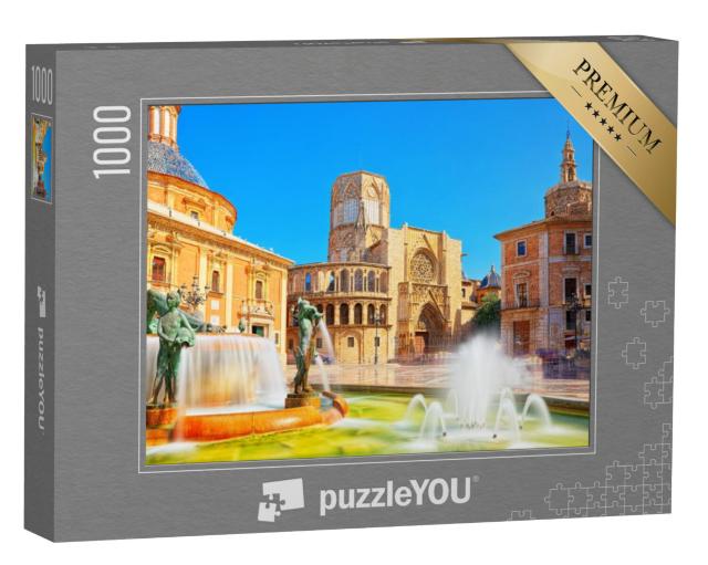 Puzzel 1000 stukjes „Pittoreske fontein voor de kathedraal van Valencia, Spanje“