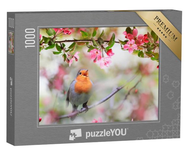 Puzzel 1000 stukjes „Roodborstje tussen de bloesems van een appelboom“