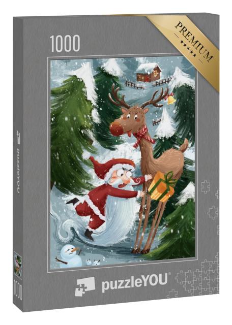 Puzzle 1000 Teile „Lustige Weihnachts-Illustration mit Weihnachtsmann, Rentier und Schneemann“