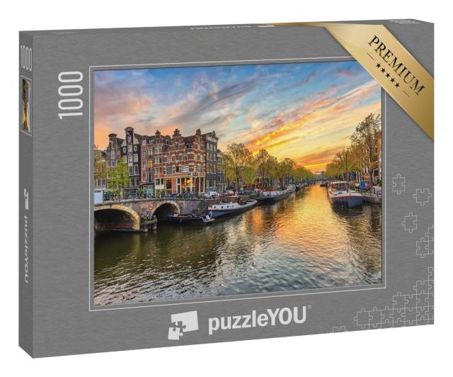 Puzzle 100 Teile „Amsterdam Stadtsilhouette an der Gracht Waterfront, Amsterdam, Niederlande“