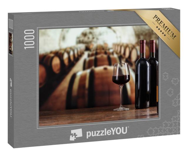 Puzzle 1000 Teile „Weinkeller mit Weinflasche und Gläsern, Weinfässer, Lagerung“