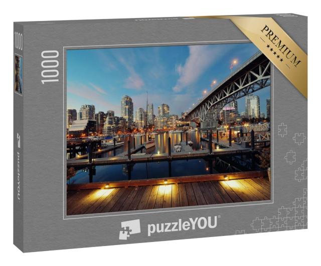 Puzzle 100 Teile „Vancouver False Creek bei Nacht mit Brücke und Boot“
