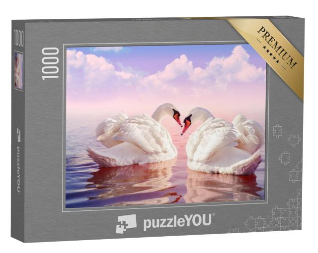 Puzzel 1000 stukjes „Twee prachtige witte zwanen in een lichtroze zonsopgang“