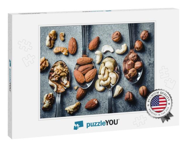 Walnuts, Hazelnuts, Almonds & Cashew on Metal Silver Spoo... Jigsaw Puzzle