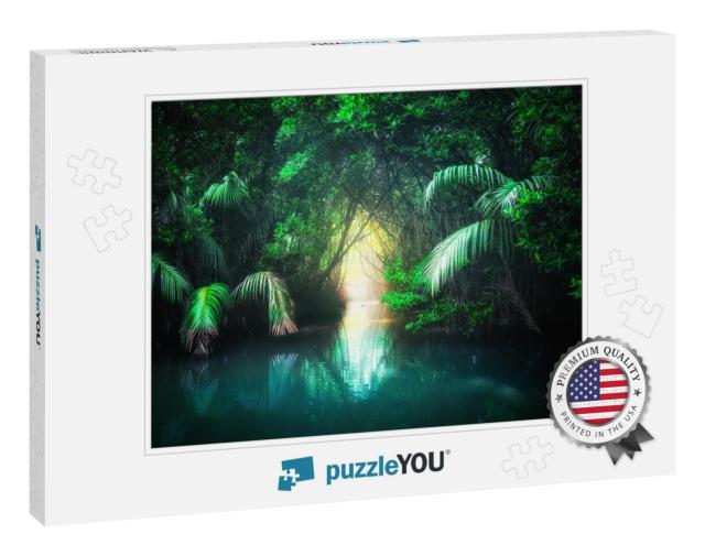 Fantasy Jungle Landscape of Turquoise Tropical Lake in Ma... Jigsaw Puzzle